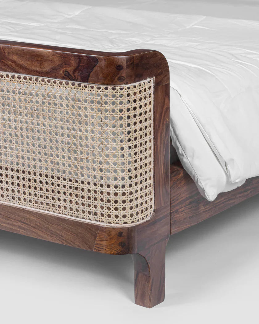 Heritage Canewood Classic Rattan Upholstered Bed – Walnut Finish,  RIVO HOMES