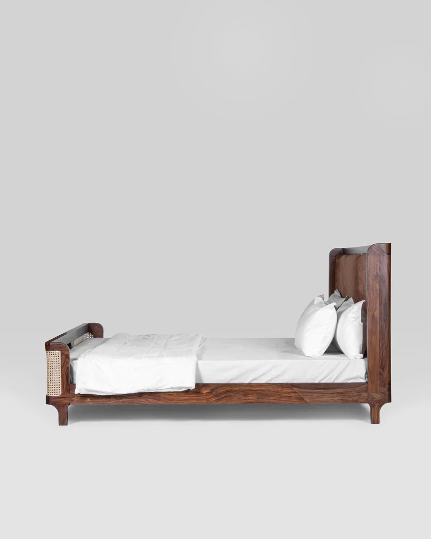 Heritage Canewood Classic Rattan Upholstered Bed – Walnut Finish,  RIVO HOMES