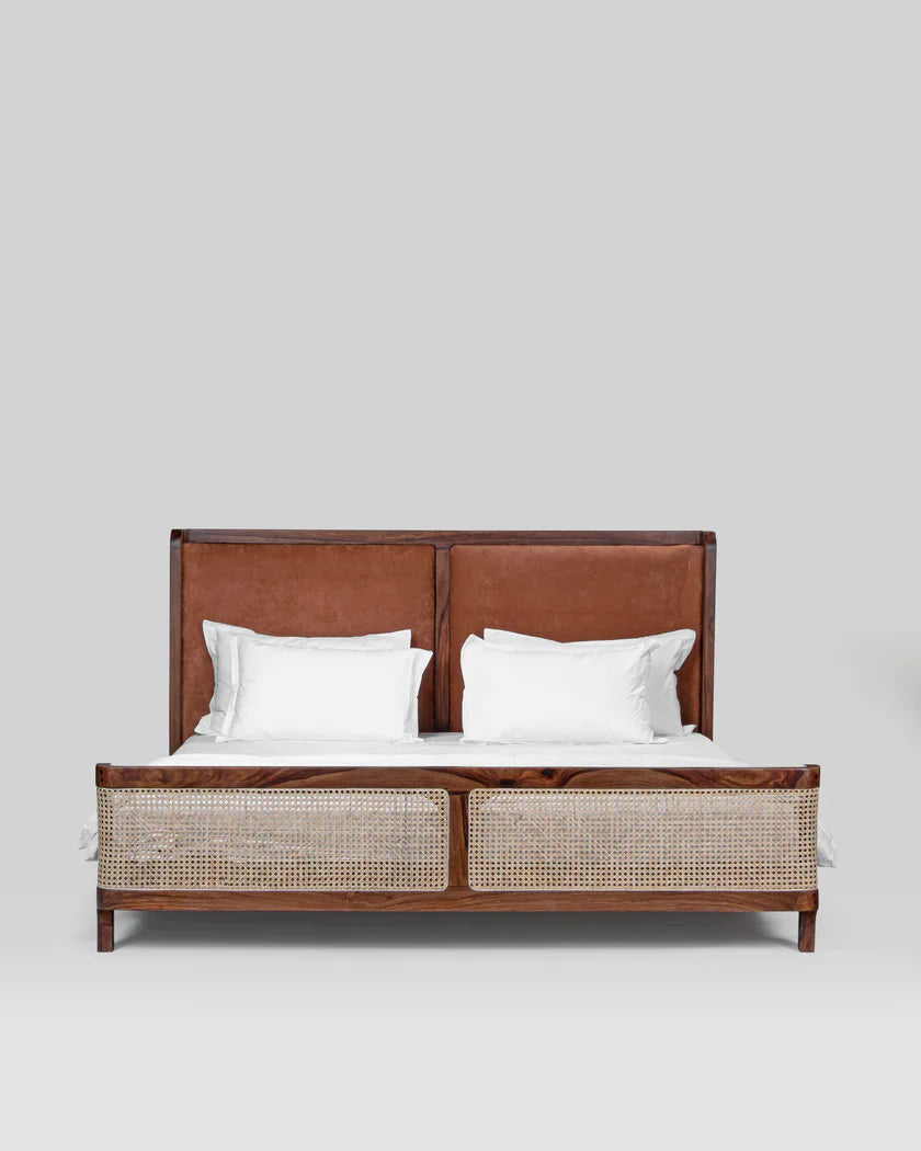 Heritage Canewood Classic Rattan Upholstered Bed – Walnut Finish,  RIVO HOMES