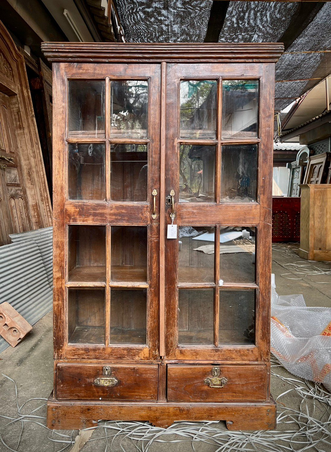 Library Glass Door Cabinet – Glass Paneled Cabinets with Teak Wood and Brass Handles W96 x D39 x H157 cm - RIVO HOMES