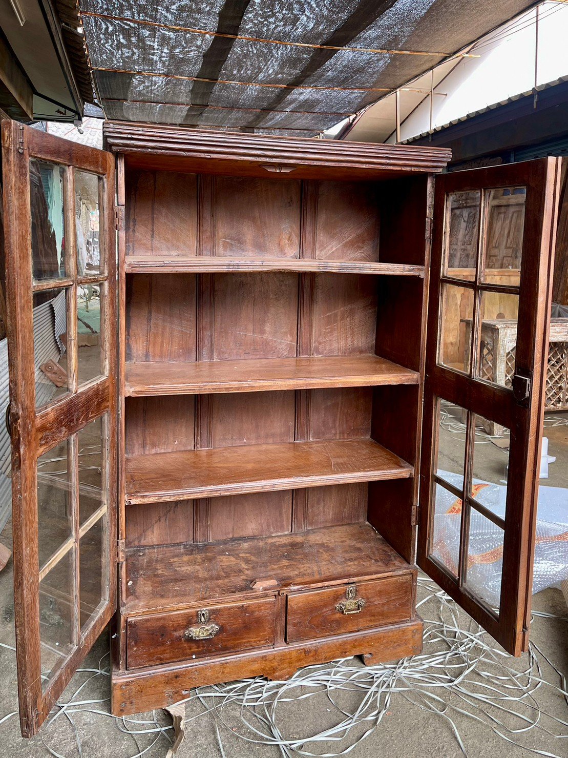 Library Glass Door Cabinet – Glass Paneled Cabinets with Teak Wood and Brass Handles W96 x D39 x H157 cm - RIVO HOMES