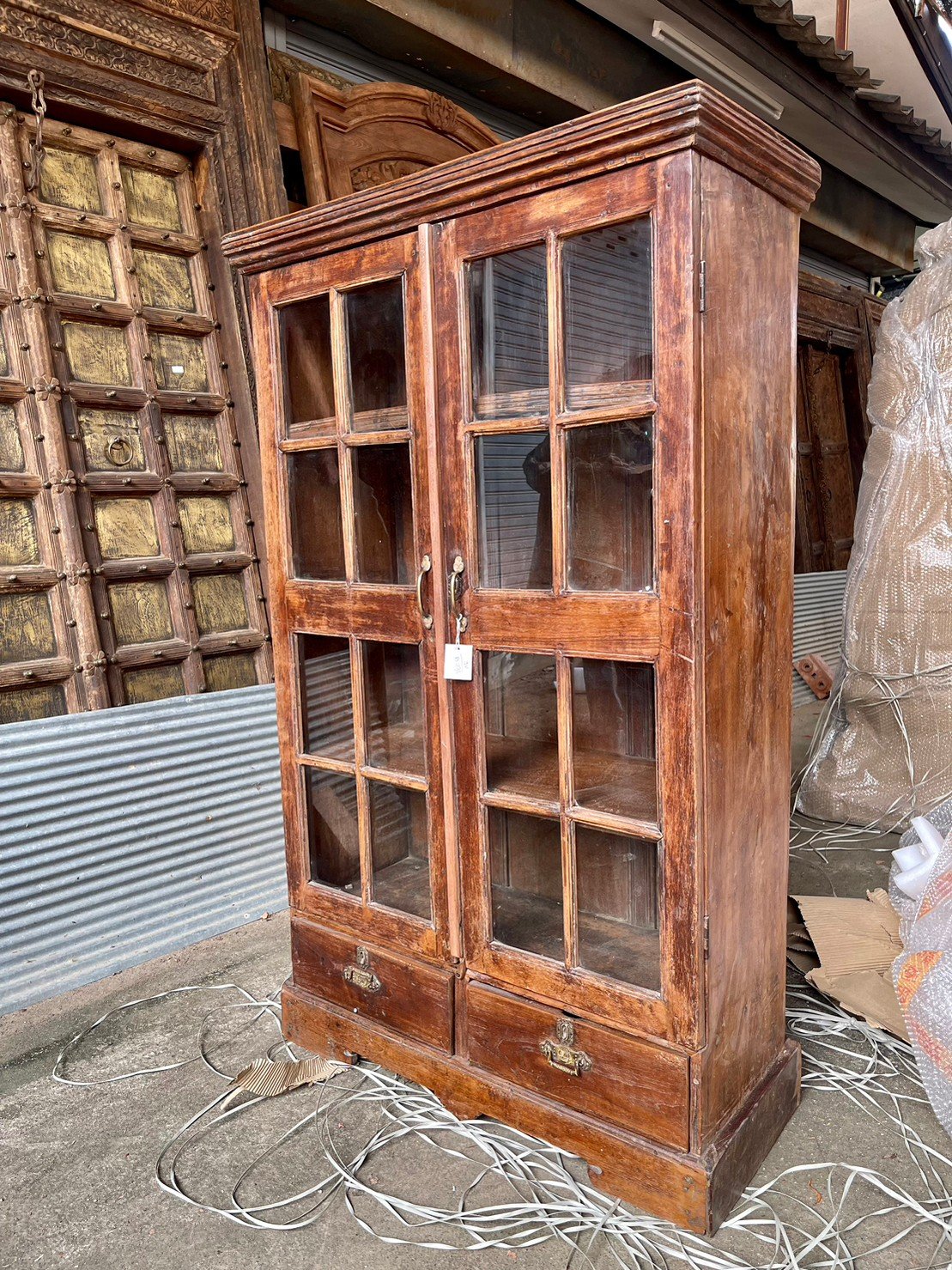 Library Glass Door Cabinet – Glass Paneled Cabinets with Teak Wood and Brass Handles W96 x D39 x H157 cm - RIVO HOMES