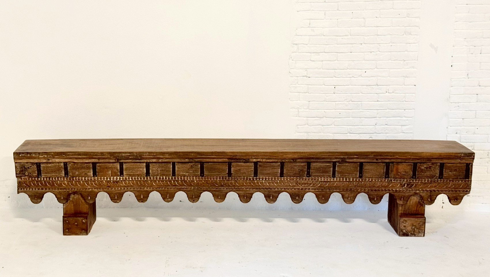 Long Hand Carved Bench – Hand Carved Wood Bench with Traditional Design W229 x D28 x H45 cm - RIVO HOMES