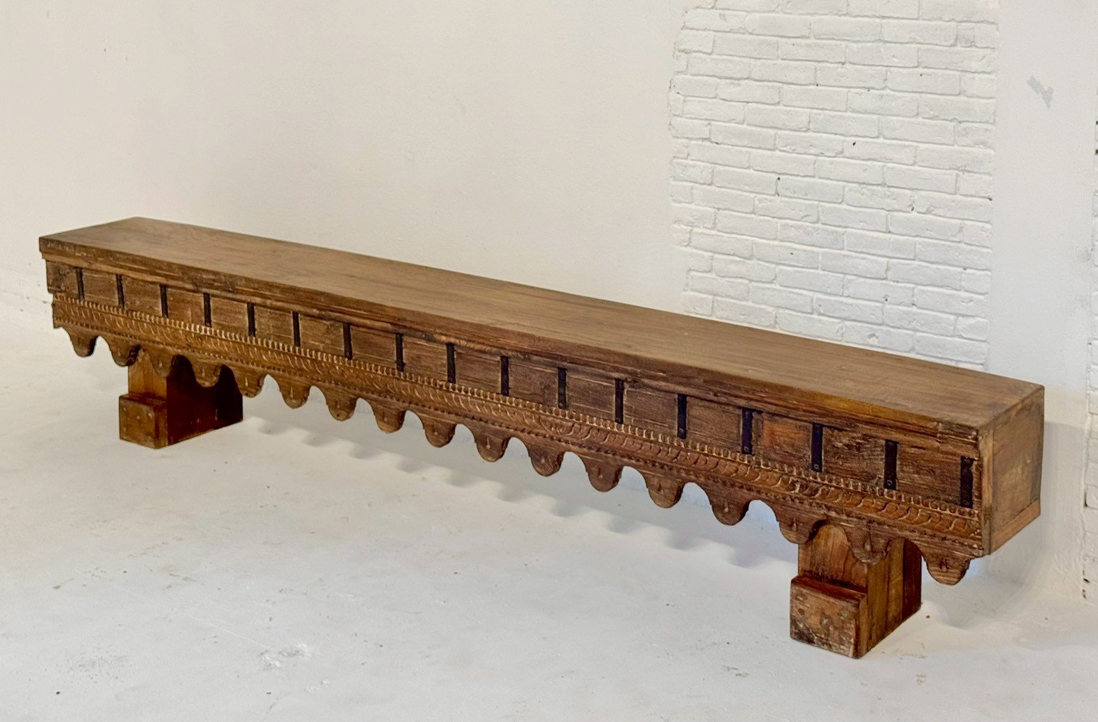 Long Hand Carved Bench – Hand Carved Wood Bench with Traditional Design W229 x D28 x H45 cm - RIVO HOMES