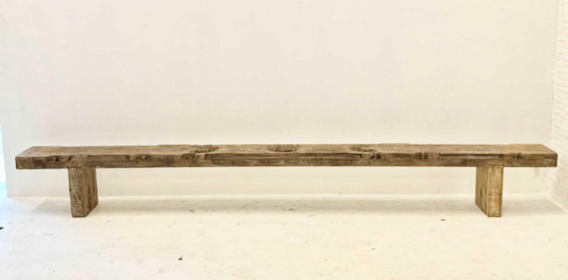 Long Plank Bench – Extra-Long Antique Wood Bench with Rustic Block Legs W372 × D29 × H46 cm - RIVO HOMES