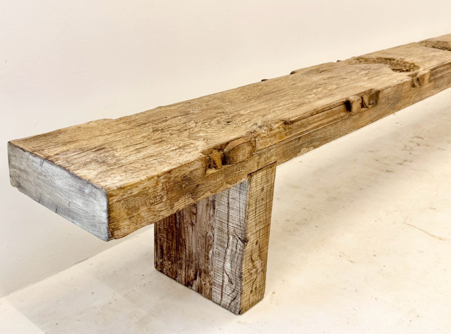Long Plank Bench – Extra-Long Antique Wood Bench with Rustic Block Legs W372 × D29 × H46 cm - RIVO HOMES
