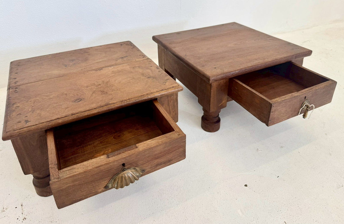 Low Height Side Table Set Of 2 – Pair Tables with Rustic Antique Finish W45 x D45 x H24 cm - RIVO HOMES