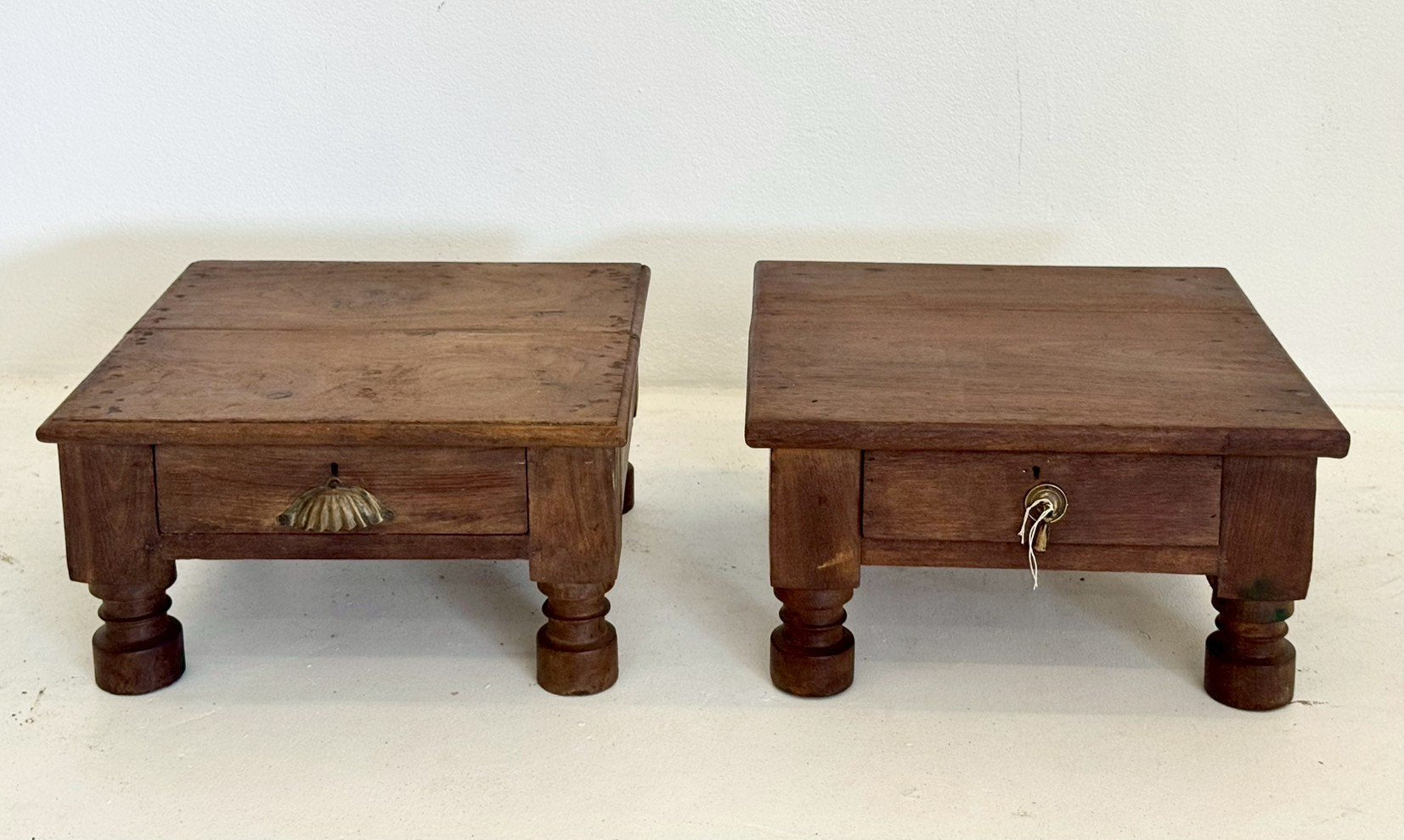 Low Height Side Table Set Of 2 – Pair Tables with Rustic Antique Finish W45 x D45 x H24 cm - RIVO HOMES