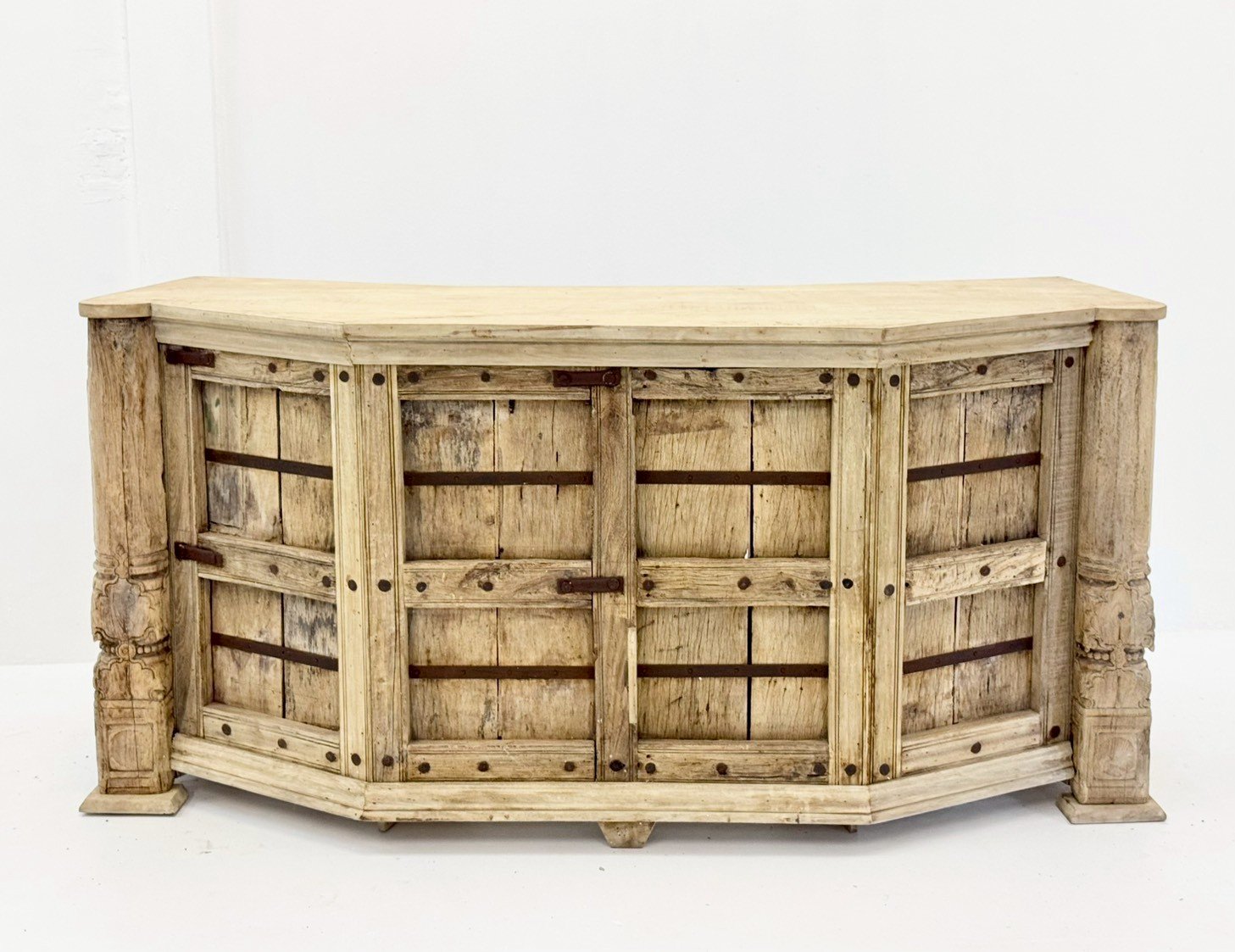 Maltise Bar Cabinet – Wine Rack, Sun-Bleached Whitewash Finish, Angled Multi-Faceted Front Design,Rustic Panel Dividers, Integrated Storage (209 × 54 × 102 cm) - RIVO HOMES