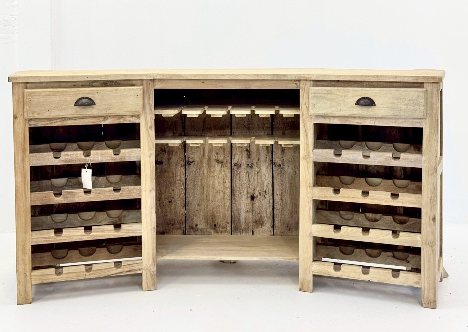 Maltise Bar Cabinet – Wine Rack, Sun-Bleached Whitewash Finish, Angled Multi-Faceted Front Design,Rustic Panel Dividers, Integrated Storage (209 × 54 × 102 cm) - RIVO HOMES