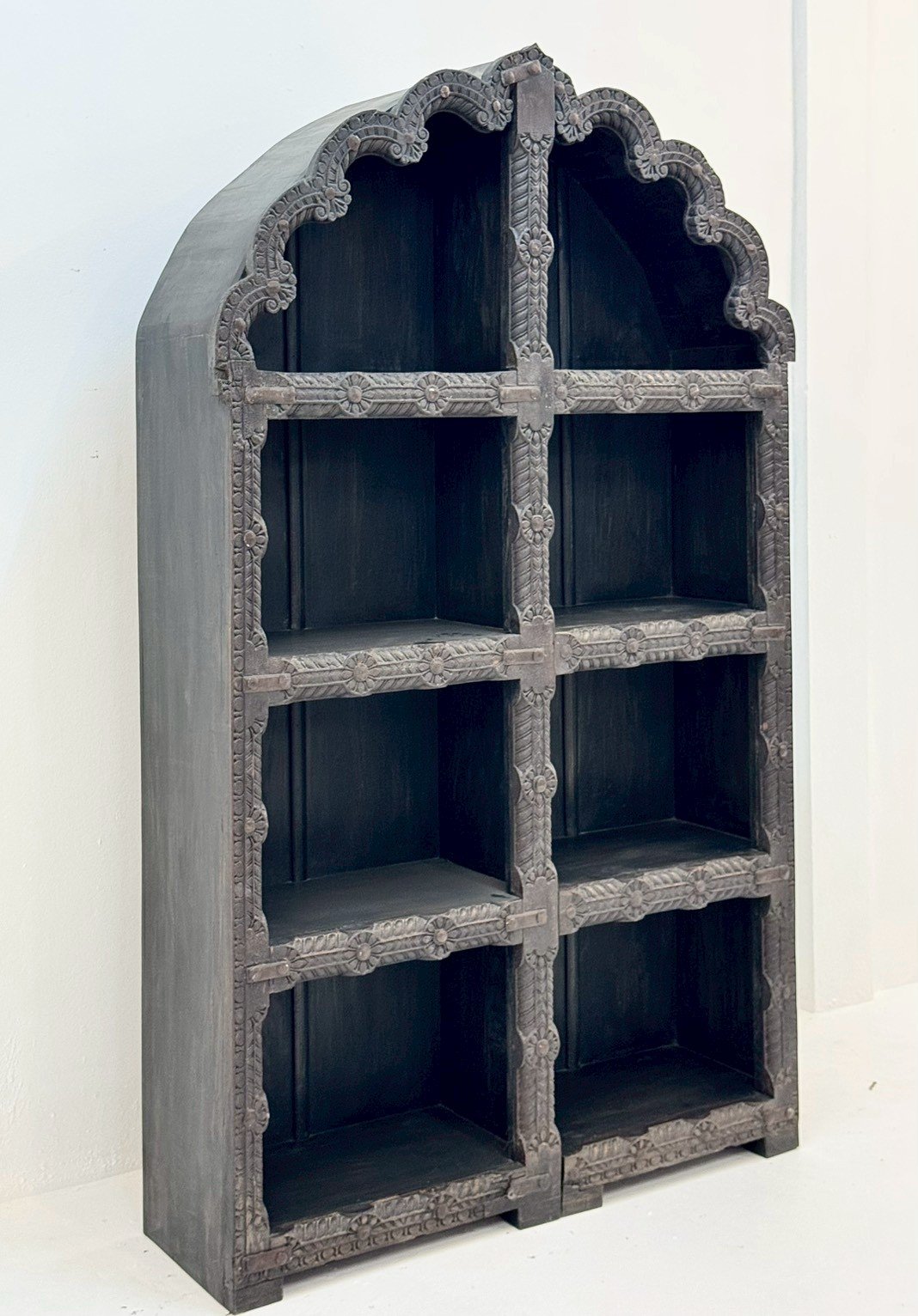 Mandalay Carved Book Shelf – Scalloped Arch Top, Intricate Front Edge Carving, 6 Open Compartments, Dark Finish, Home Library Storage, 125 × 206 cm - RIVO HOMES