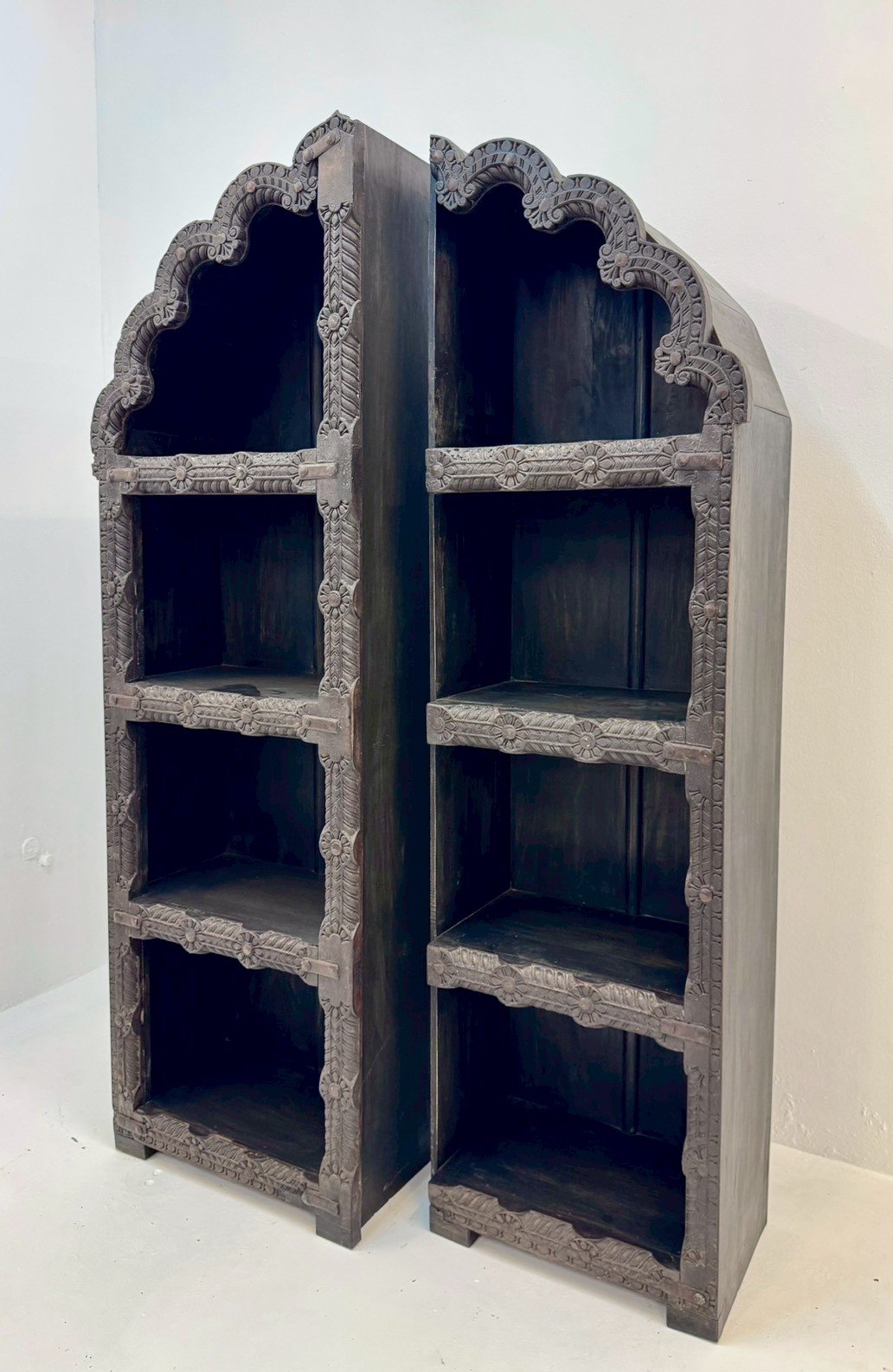 Mandalay Carved Book Shelf – Scalloped Arch Top, Intricate Front Edge Carving, 6 Open Compartments, Dark Finish, Home Library Storage, 125 × 206 cm - RIVO HOMES