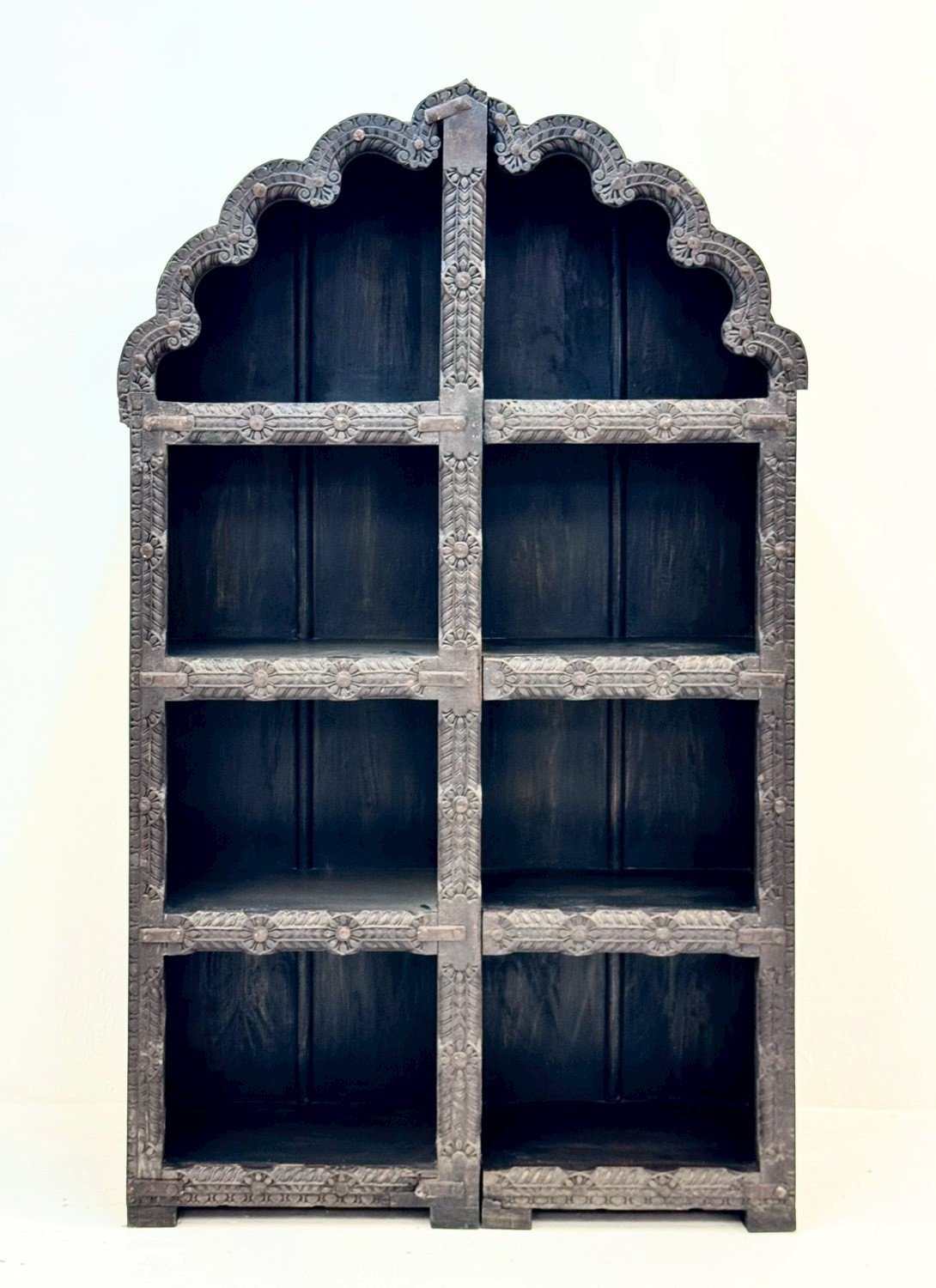Mandalay Carved Book Shelf – Scalloped Arch Top, Intricate Front Edge Carving, 6 Open Compartments, Dark Finish, Home Library Storage, 125 × 206 cm - RIVO HOMES