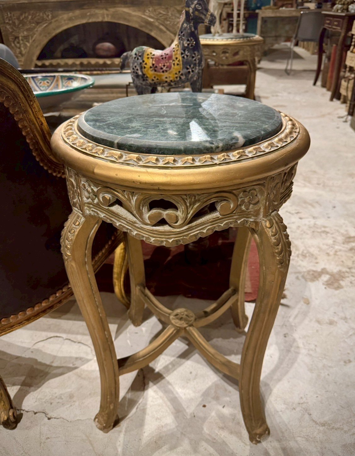Marble Top Wooden Carved Side Table – Green Marble Side Table with Gold Cabriole Legs W43 x D43 x H69 cm - RIVO HOMES