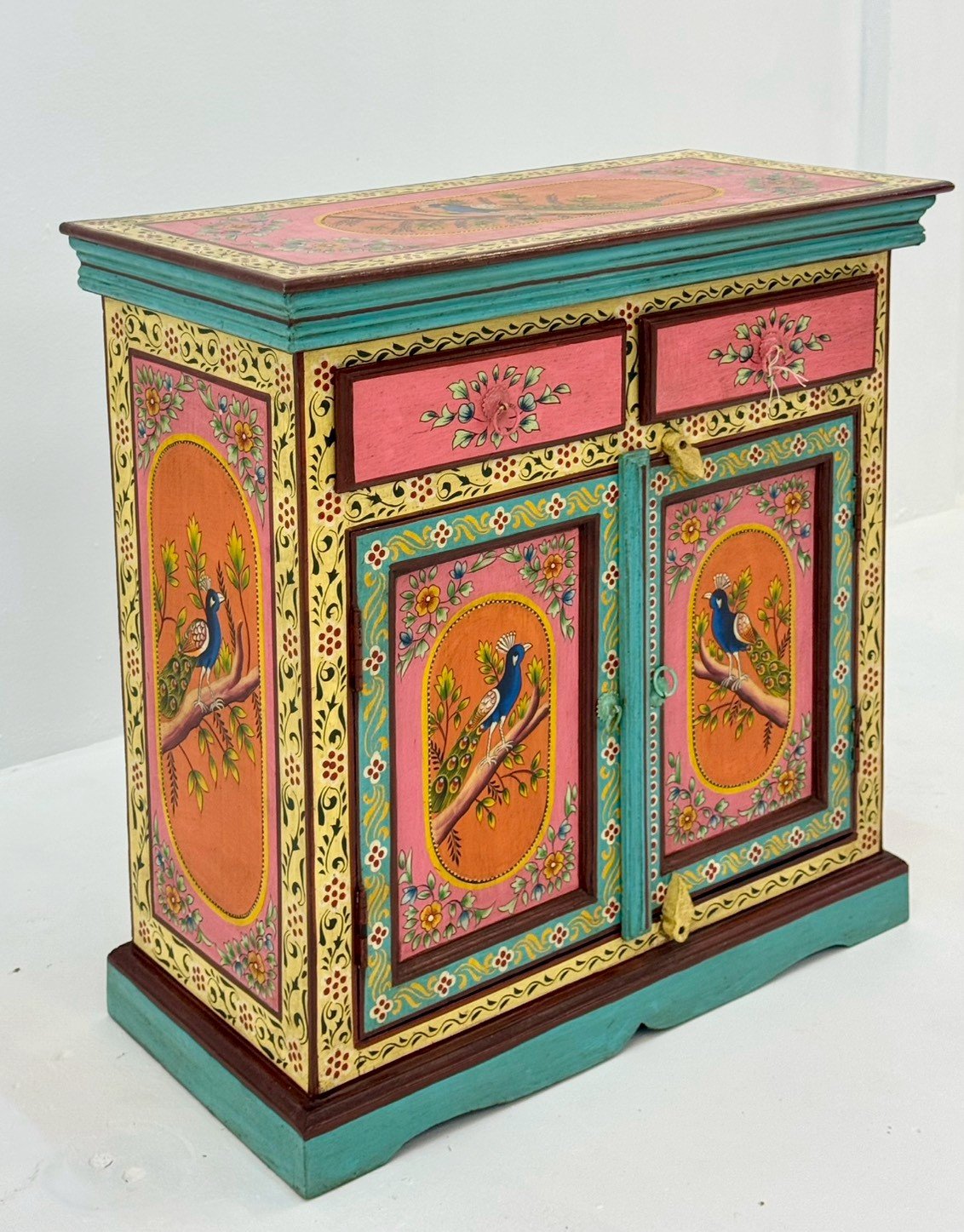 Mayura Hand Painted Cabinet – Vibrant 2-Door Cabinet with Bird Motifs, Dual Top Drawers, Ornate Borders, Multi-Color Finish, Heritage Style Storage Cabinet (76 × 36 × 77 cm) - RIVO HOMES