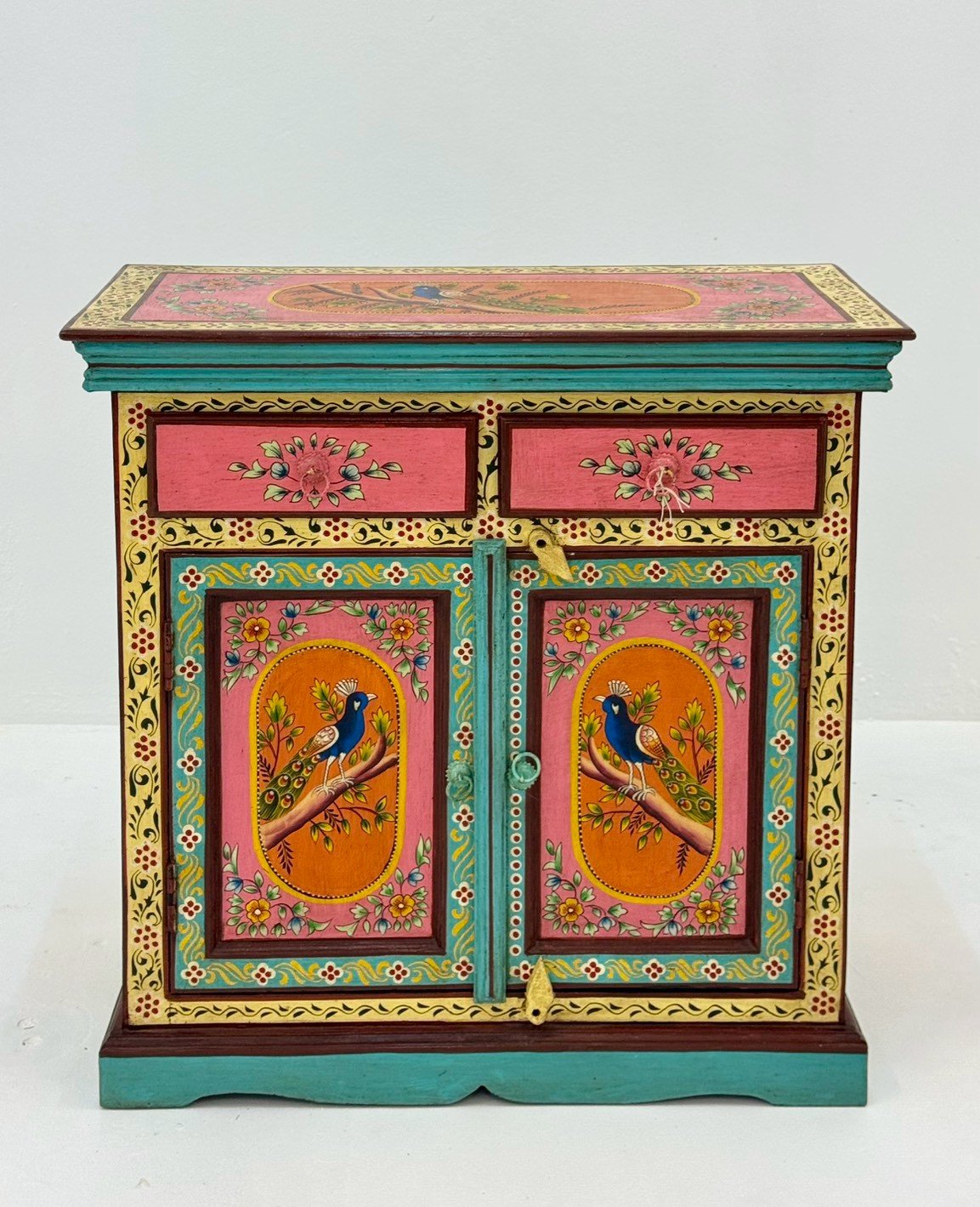 Mayura Hand Painted Cabinet – Vibrant 2-Door Cabinet with Bird Motifs, Dual Top Drawers, Ornate Borders, Multi-Color Finish, Heritage Style Storage Cabinet (76 × 36 × 77 cm) - RIVO HOMES