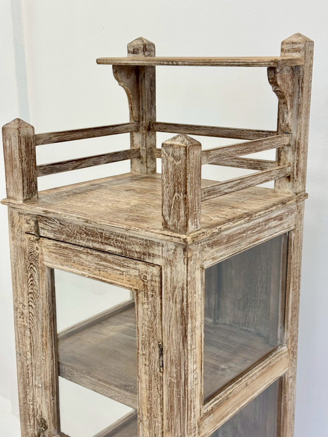 Oliver Tall Cabinet – Rustic Narrow Wooden Cabinet with Glass Door and Decorative Top RailW44 x D41 x H143 cm. - RIVO HOMES