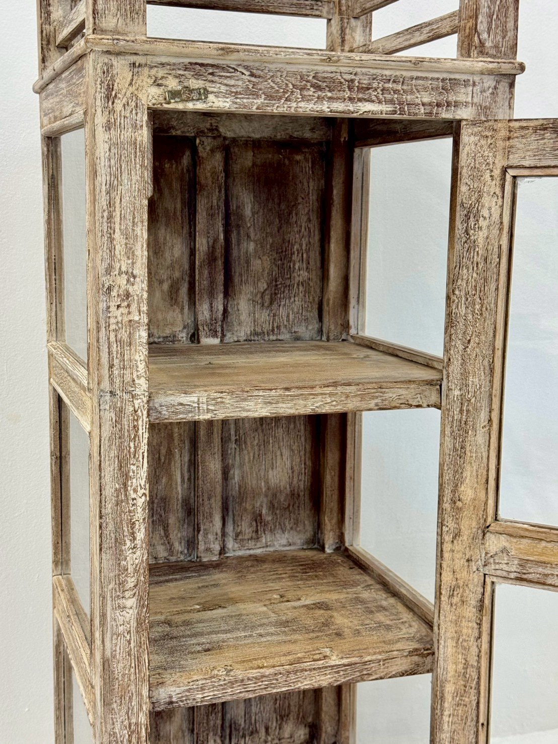 Oliver Tall Cabinet – Rustic Narrow Wooden Cabinet with Glass Door and Decorative Top RailW44 x D41 x H143 cm. - RIVO HOMES