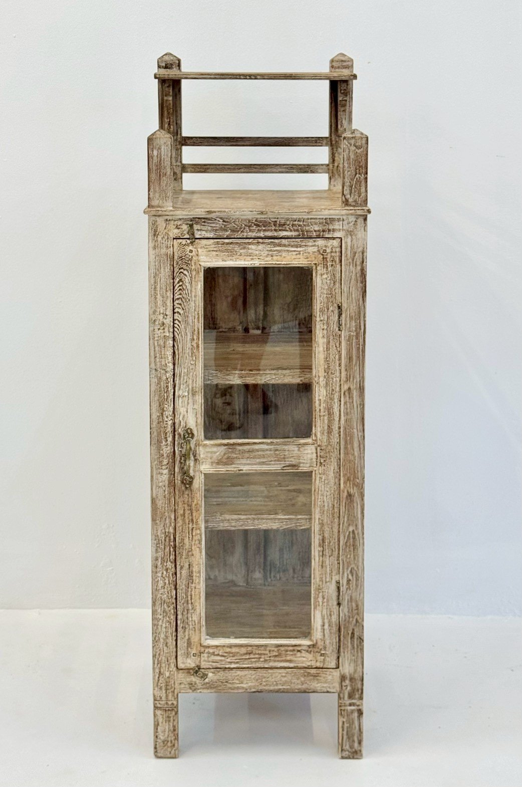 Oliver Tall Cabinet – Rustic Narrow Wooden Cabinet with Glass Door and Decorative Top RailW44 x D41 x H143 cm. - RIVO HOMES
