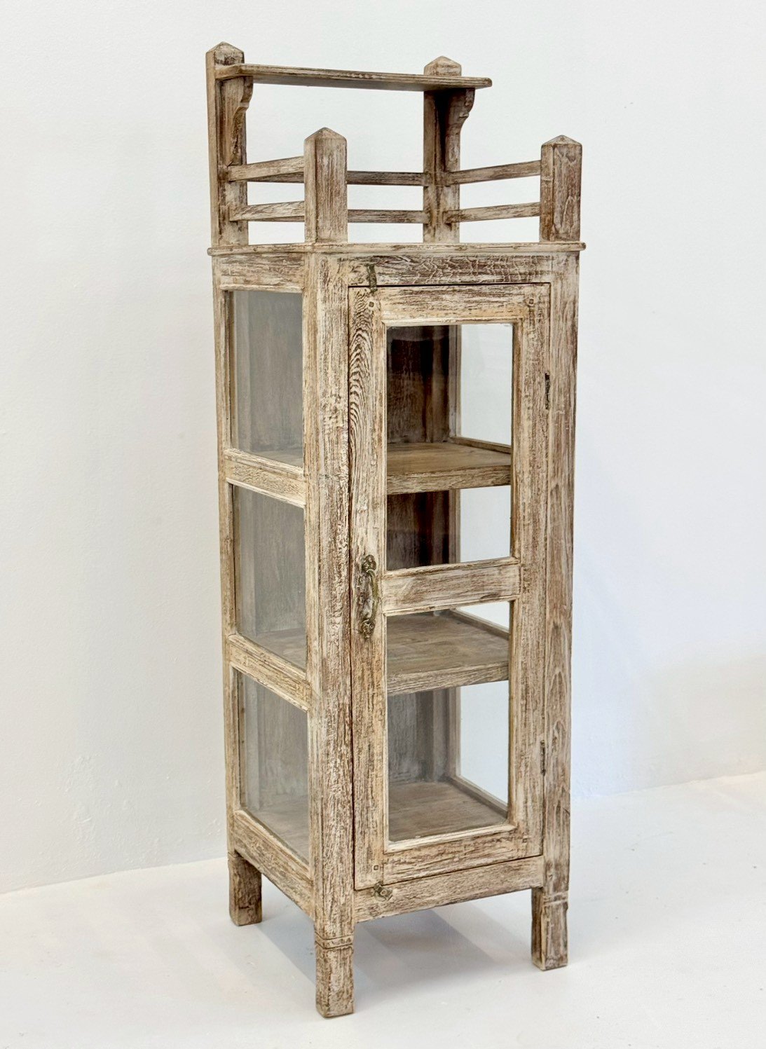 Oliver Tall Cabinet – Rustic Narrow Wooden Cabinet with Glass Door and Decorative Top RailW44 x D41 x H143 cm. - RIVO HOMES