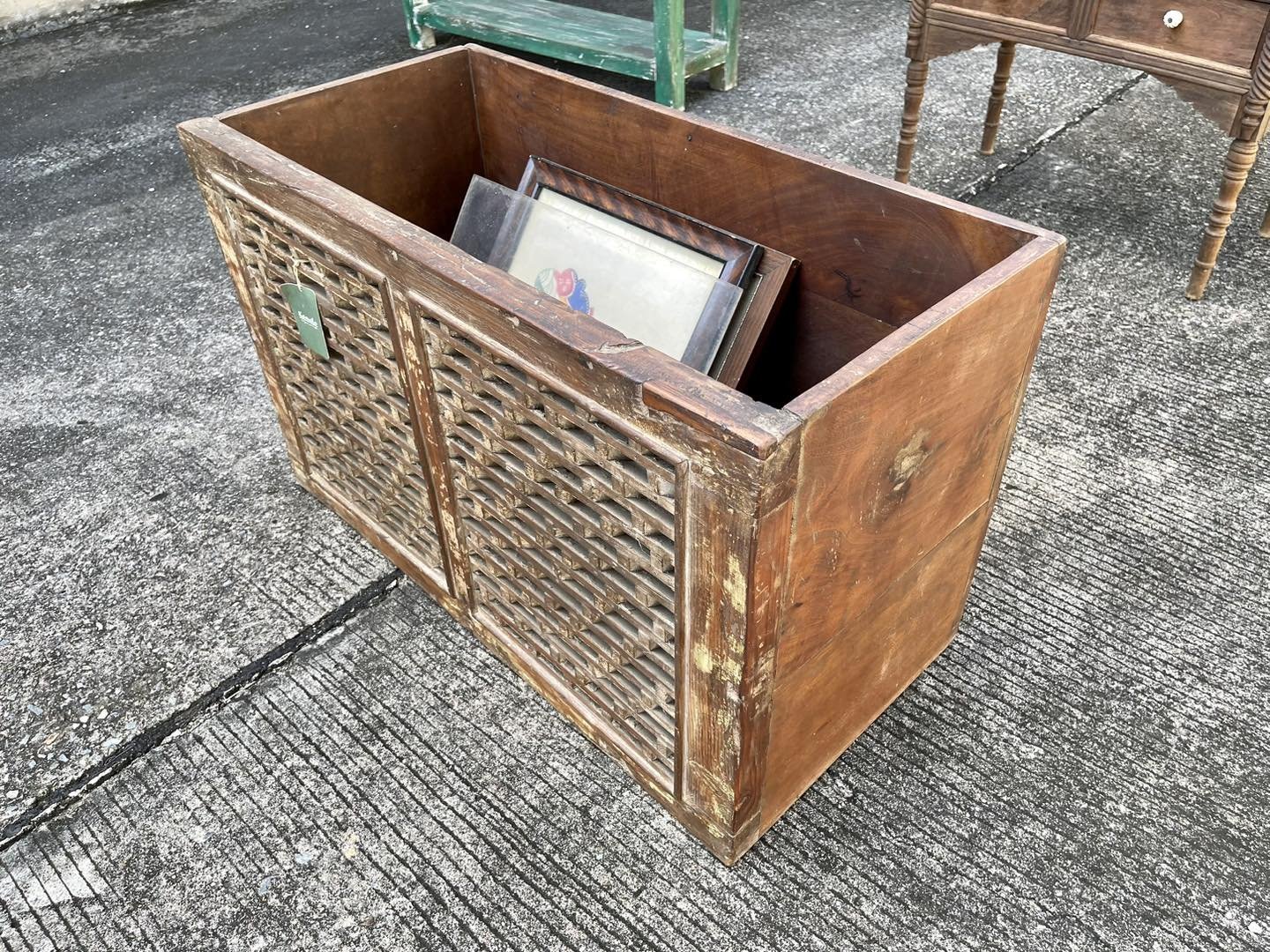 Open Top Carved Wooden Storage Box – Storage Open Box with Lattice Jali Carvings W78 x D38 x H48 cm. - RIVO HOMES