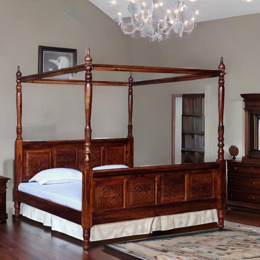 Royal Retreat 4-Poster Bed Sheesham Wood | Contemporary Luxury Wooden Bed