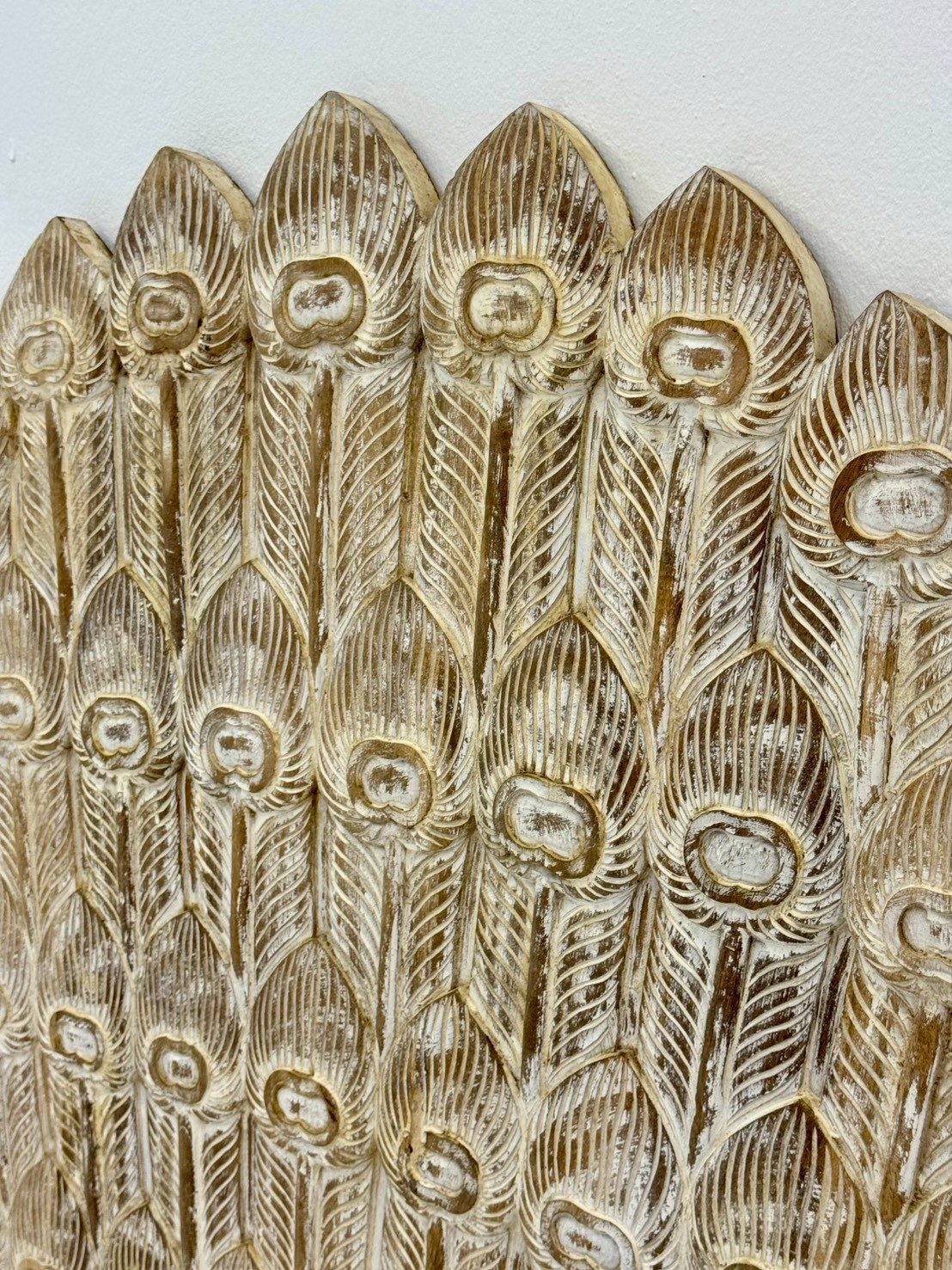 Peacock Carved Panel – Circular Wooden Wall Art, Intricate Peacock Tail Feather Design, Light Distressed White-Washed Finish,115 × 117 cm - RIVO HOMES