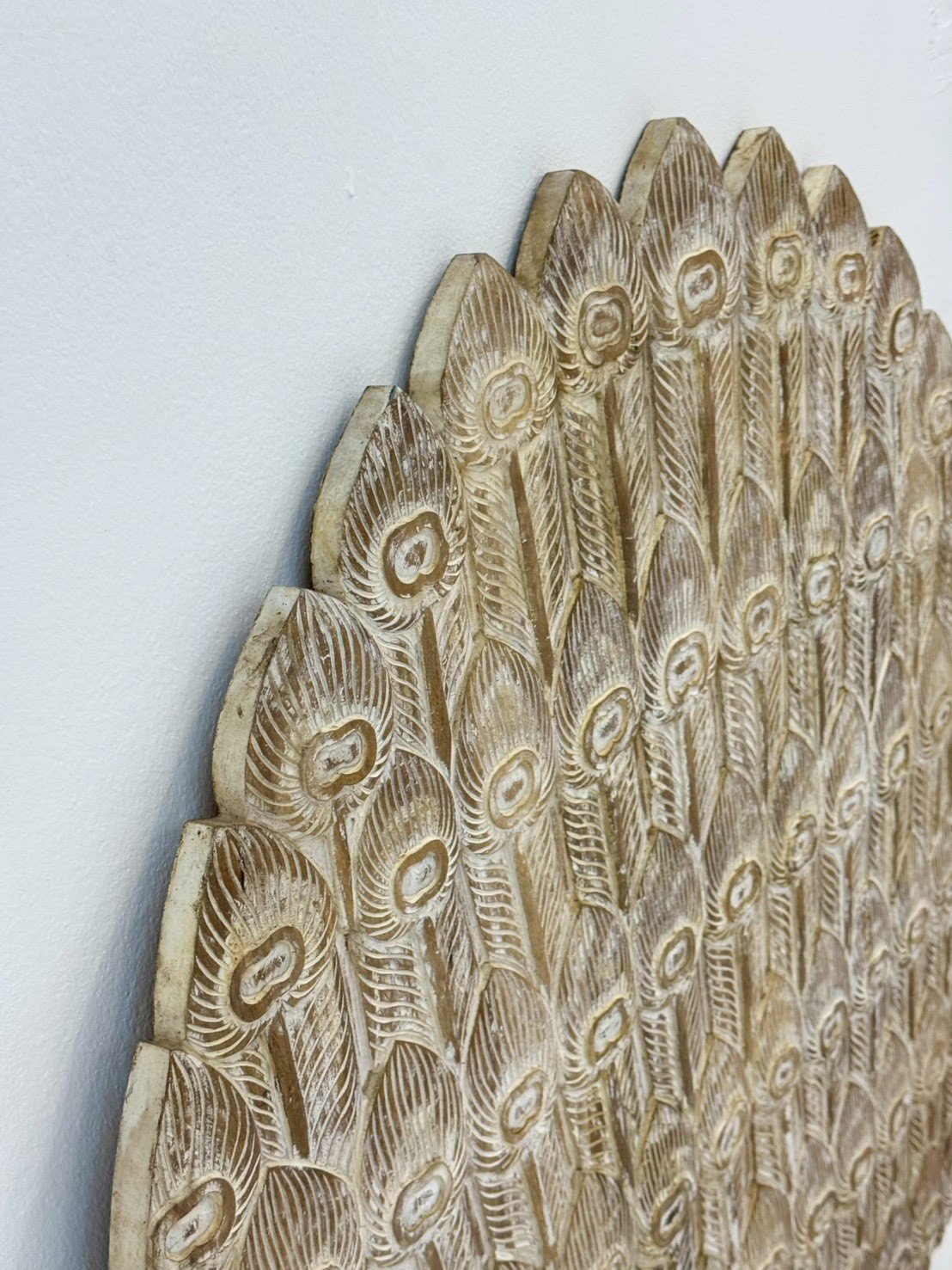 Peacock Carved Panel – Circular Wooden Wall Art, Intricate Peacock Tail Feather Design, Light Distressed White-Washed Finish,115 × 117 cm - RIVO HOMES