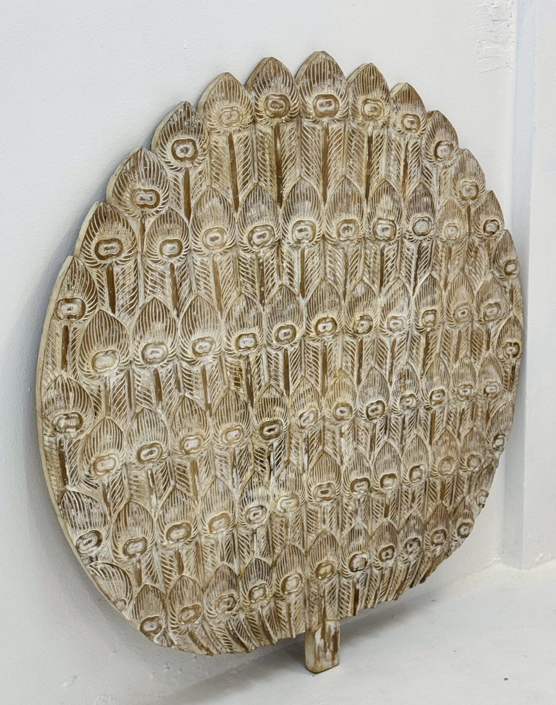 Peacock Carved Panel – Circular Wooden Wall Art, Intricate Peacock Tail Feather Design, Light Distressed White-Washed Finish,115 × 117 cm - RIVO HOMES