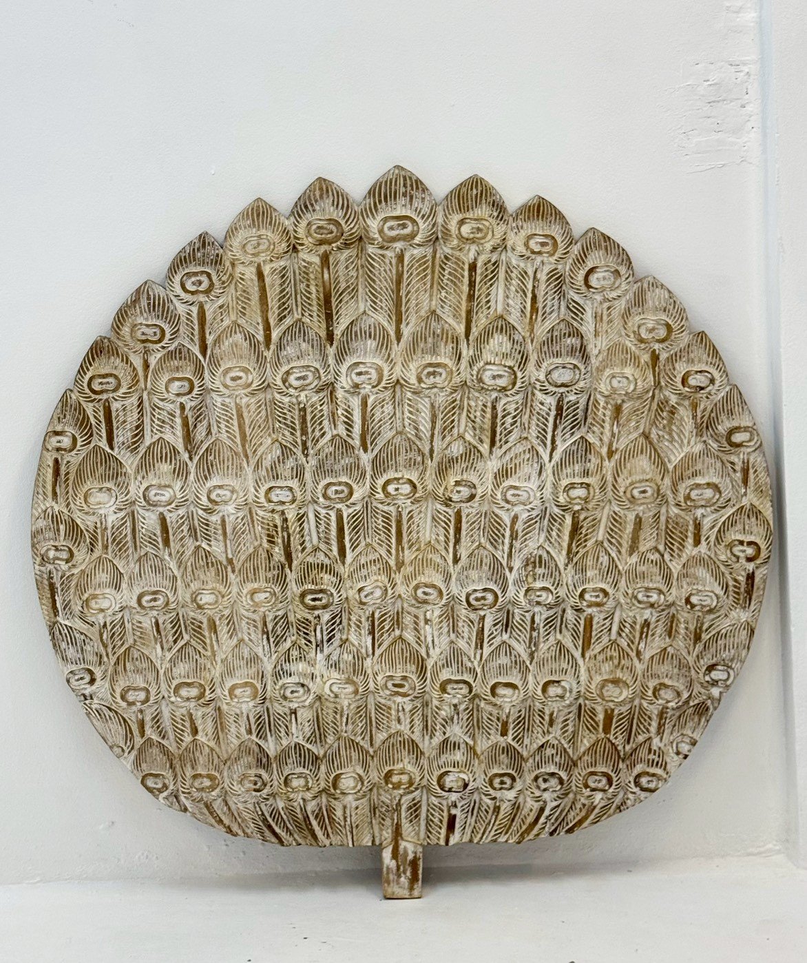 Peacock Carved Panel – Circular Wooden Wall Art, Intricate Peacock Tail Feather Design, Light Distressed White-Washed Finish,115 × 117 cm - RIVO HOMES
