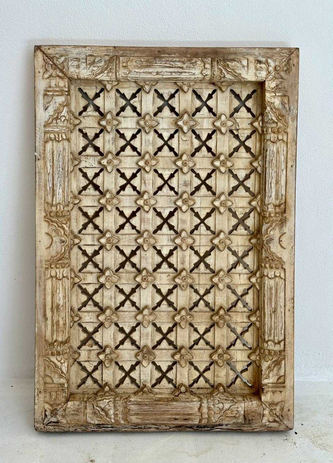 Pillared Openwork Wooden Panel – Big Wooden Panel with Hand Carving Jali Design W62 x D6 x H92 cm - RIVO HOMES