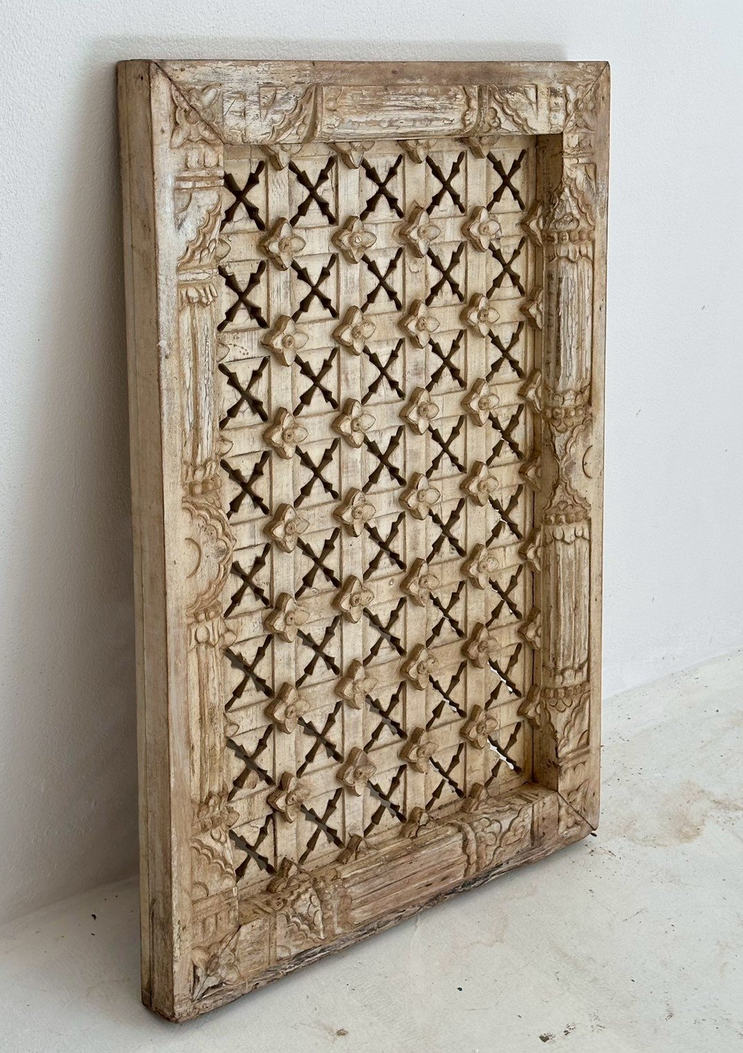 Pillared Openwork Wooden Panel – Big Wooden Panel with Hand Carving Jali Design W62 x D6 x H92 cm - RIVO HOMES