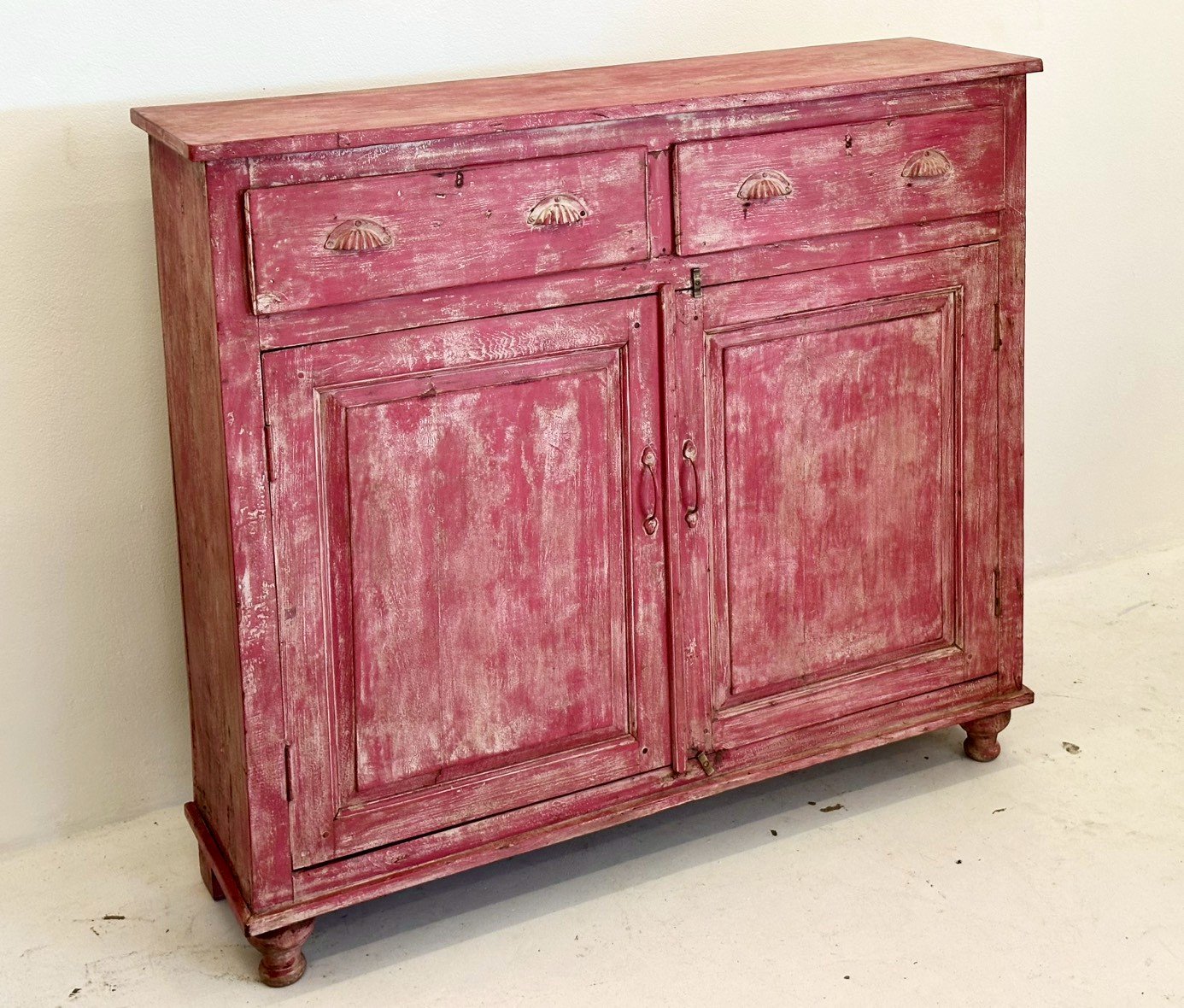 Pink Distressed Cabinet – Distressed Cabinet with Drawers and Double-Door Storage W135 x D37 x H121 cm - RIVO HOMES
