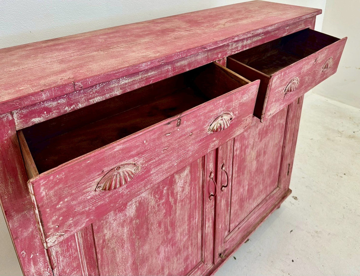 Pink Distressed Cabinet – Distressed Cabinet with Drawers and Double-Door Storage W135 x D37 x H121 cm - RIVO HOMES