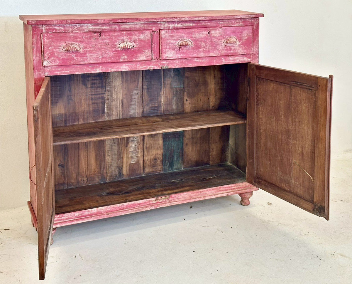 Pink Distressed Cabinet – Distressed Cabinet with Drawers and Double-Door Storage W135 x D37 x H121 cm - RIVO HOMES