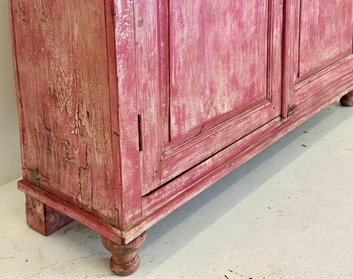 Pink Distressed Cabinet – Distressed Cabinet with Drawers and Double-Door Storage W135 x D37 x H121 cm - RIVO HOMES