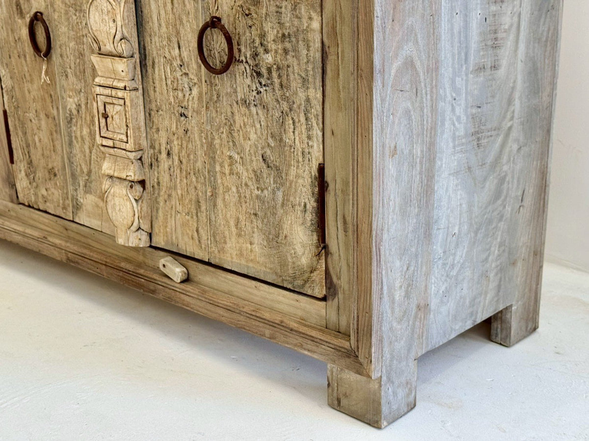 Planked Antique Four Door Sideboard – Rustic Wood Sideboard with Ring Pull Handles W184 x D44 x H95 cm - RIVO HOMES