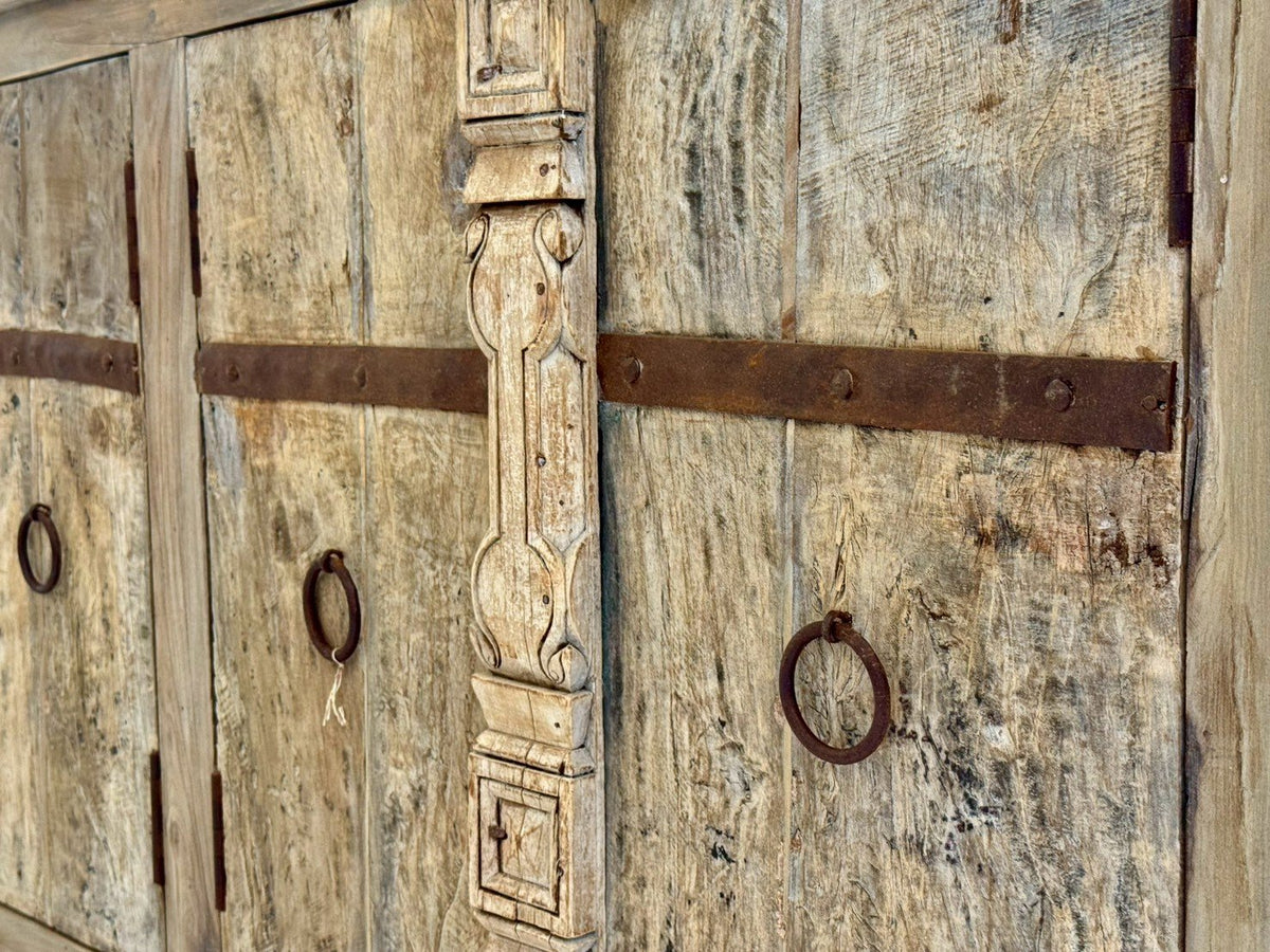 Planked Antique Four Door Sideboard – Rustic Wood Sideboard with Ring Pull Handles W184 x D44 x H95 cm - RIVO HOMES