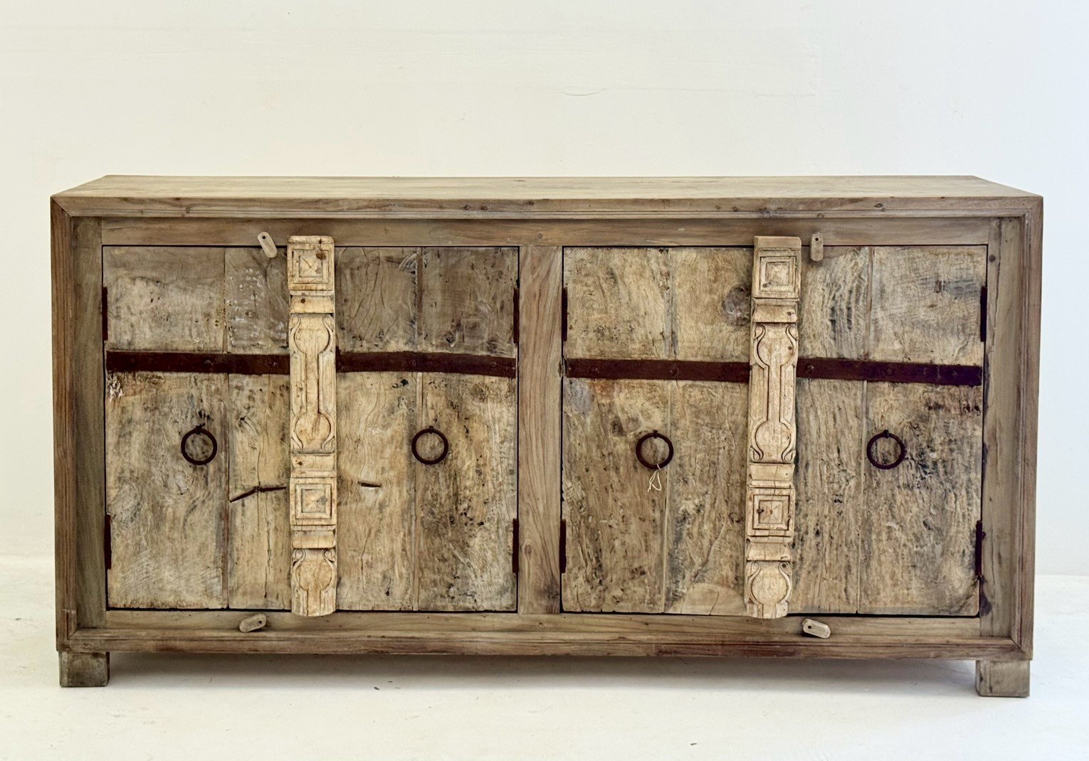 Planked Antique Four Door Sideboard – Rustic Wood Sideboard with Ring Pull Handles W184 x D44 x H95 cm - RIVO HOMES