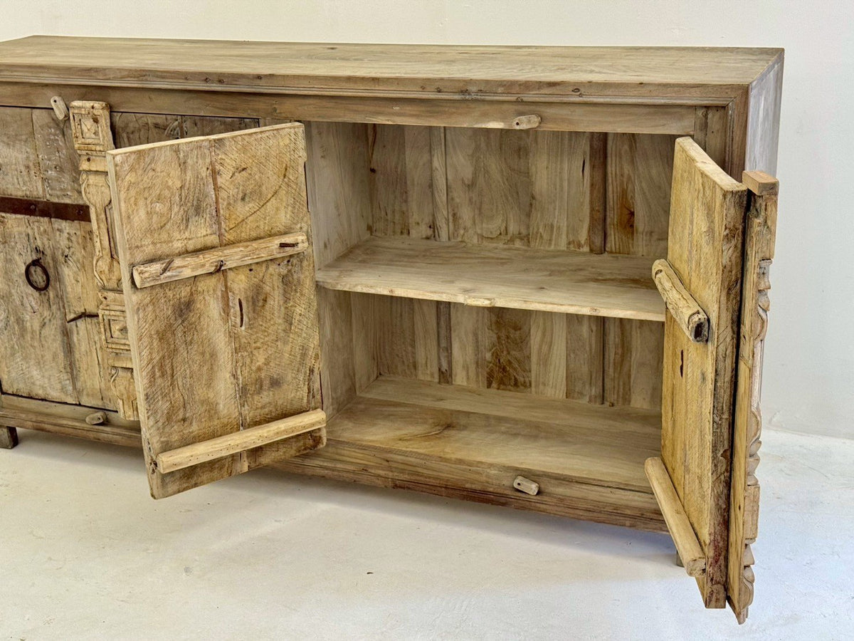 Planked Antique Four Door Sideboard – Rustic Wood Sideboard with Ring Pull Handles W184 x D44 x H95 cm - RIVO HOMES