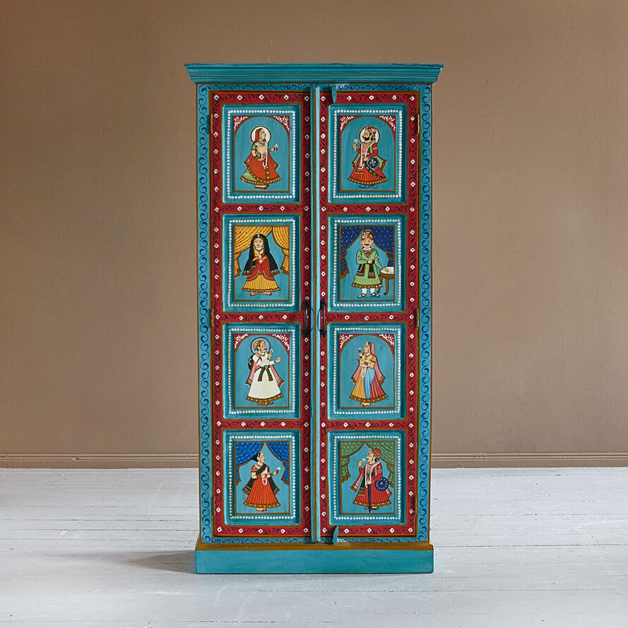 Decorative cabinet with painted panels on a beige background