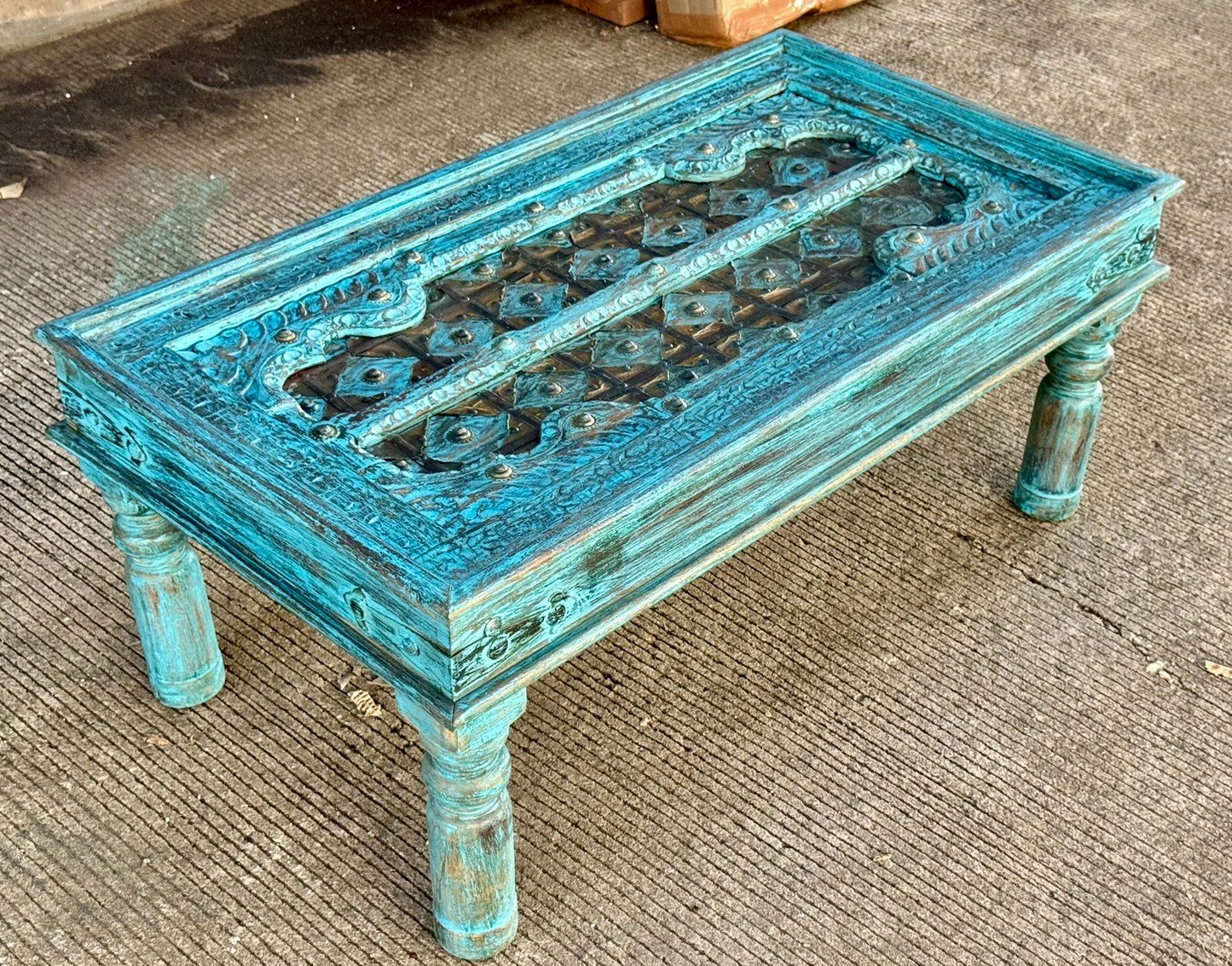 Recessed Carving Coffee Table – Jodhpur Carved Coffee Table with Rustic Distressed Blue Finish W110 x D60 x H46 cm - RIVO HOMES