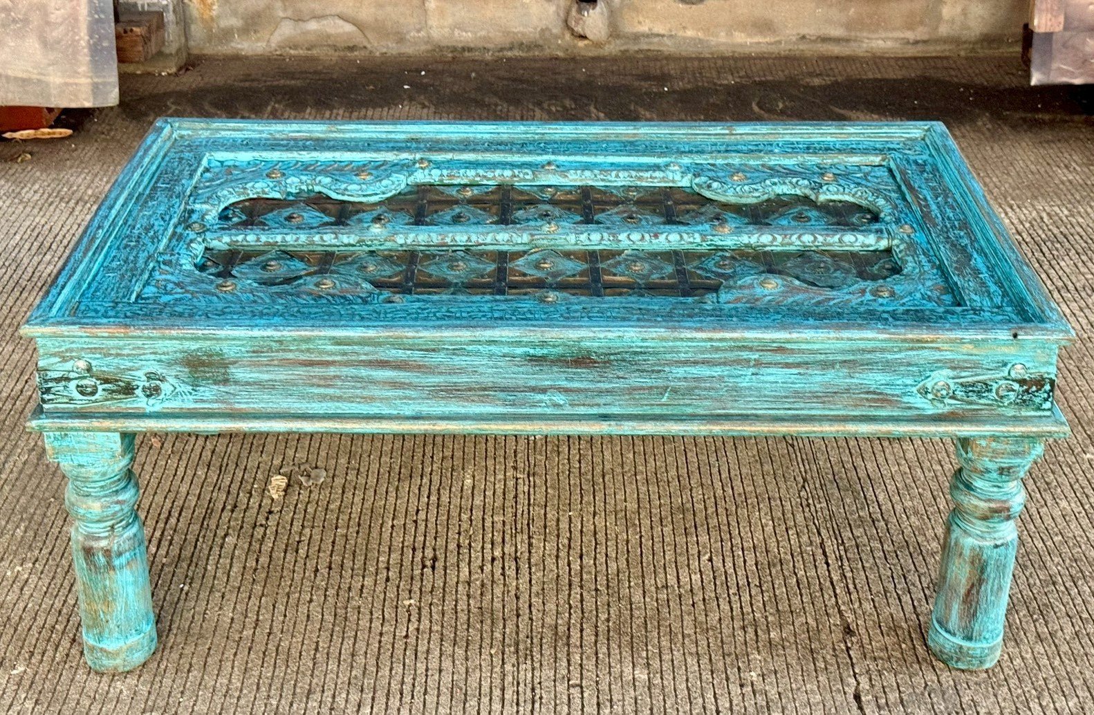 Recessed Carving Coffee Table – Jodhpur Carved Coffee Table with Rustic Distressed Blue Finish W110 x D60 x H46 cm - RIVO HOMES