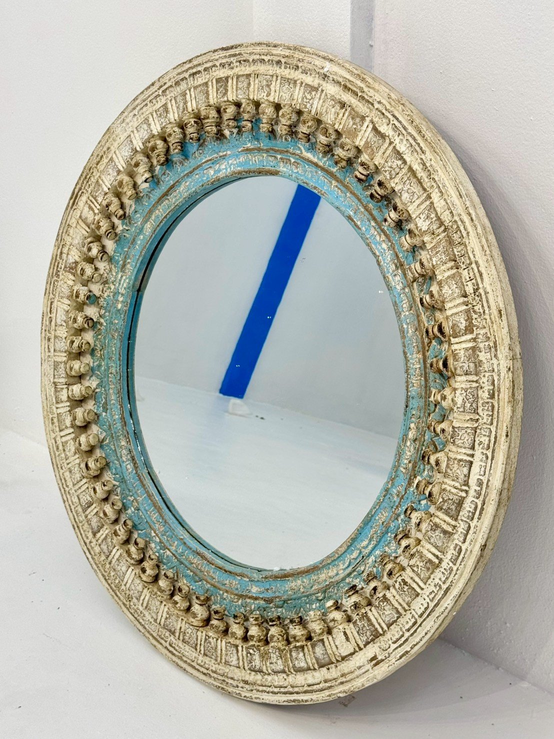 Round Frame Mirror – Rustic Circular Wall Mirror with Carved Border and Teal FinishW90 x D6 x H90 cm - RIVO HOMES