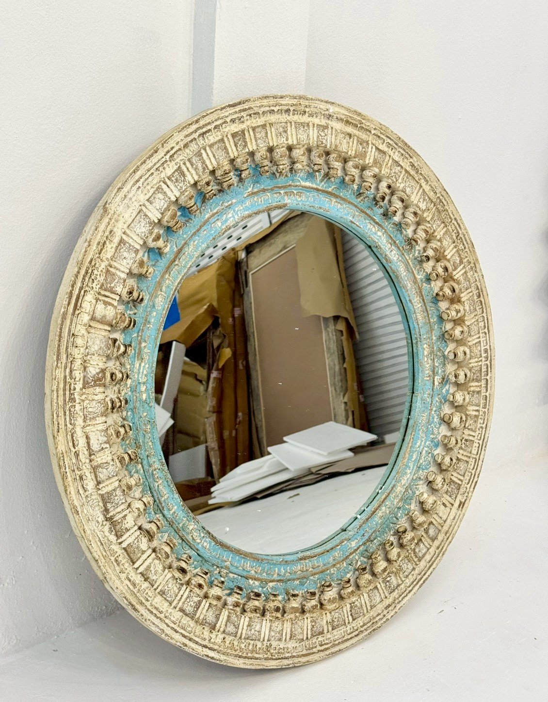 Round Frame Mirror – Rustic Circular Wall Mirror with Carved Border and Teal FinishW90 x D6 x H90 cm - RIVO HOMES