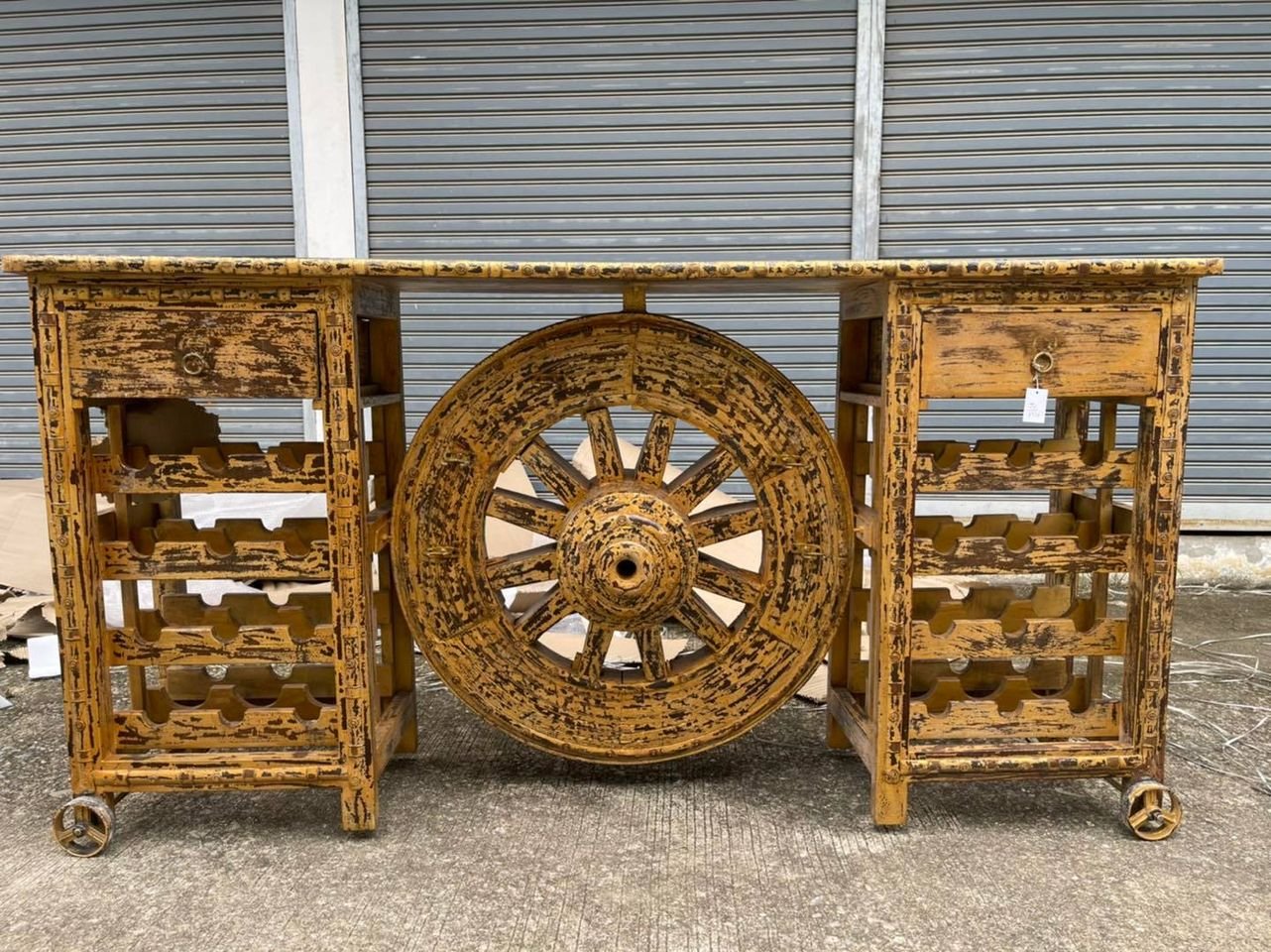 Rustic Wheel Console Table – Wooden Counter Bar Table with Wine & Glass Storage W190 x D42 x H98 cm - RIVO HOMES