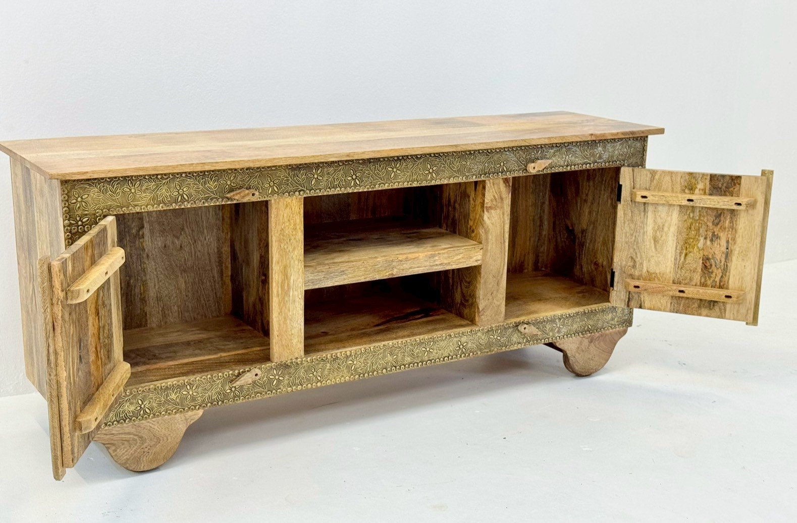 Sandswept TV Console – Rustic Wooden TV Cabinet with Embossed Brass Doors and Open ShelvingW155 x D40 x H66 cm - RIVO HOMES