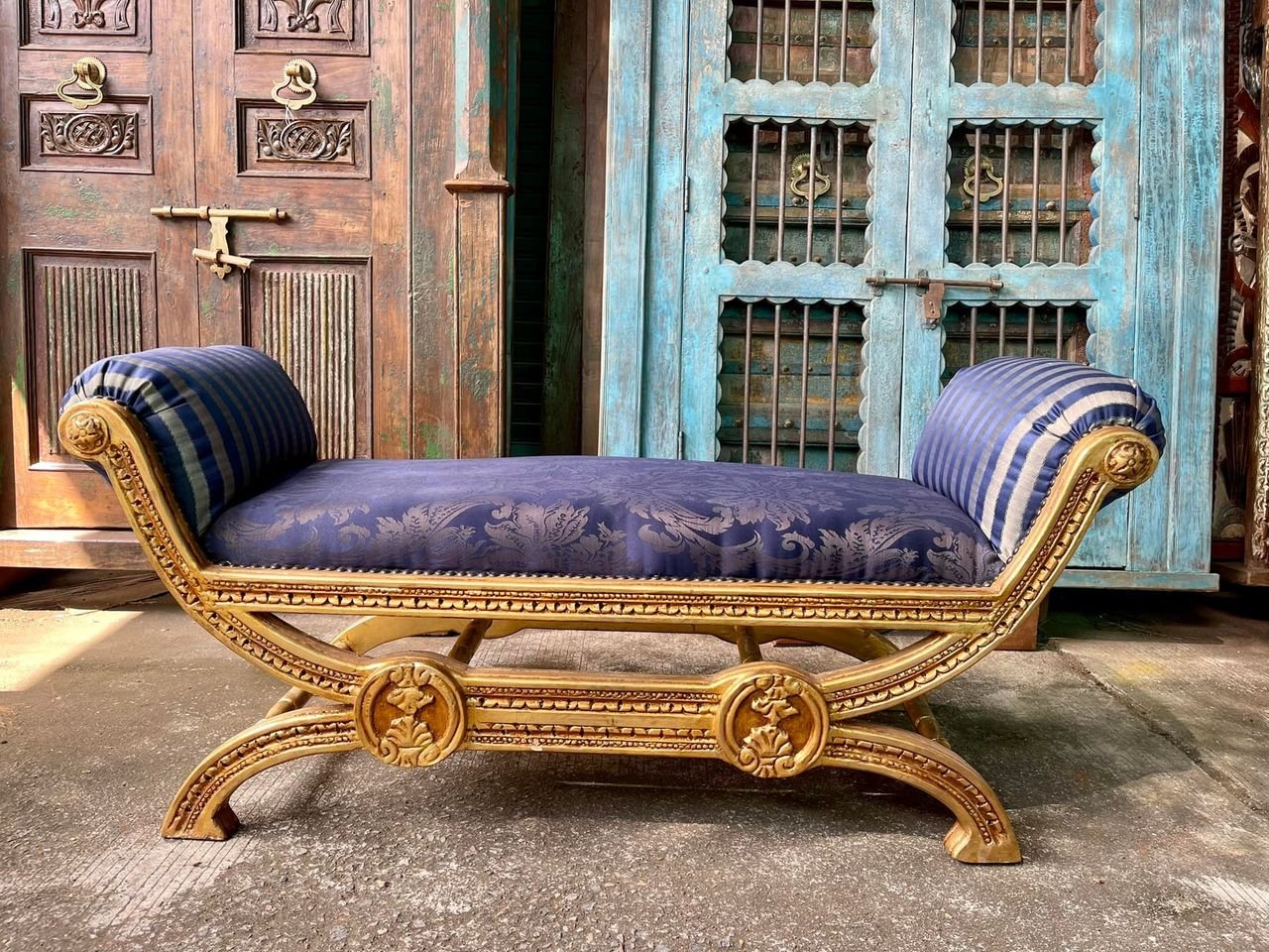 Sapphire Silk Carved Daybed – Luxury Bed Side Bench with Egyptian Hand-Carved Frame W152 x D57 x H63 cm. - RIVO HOMES