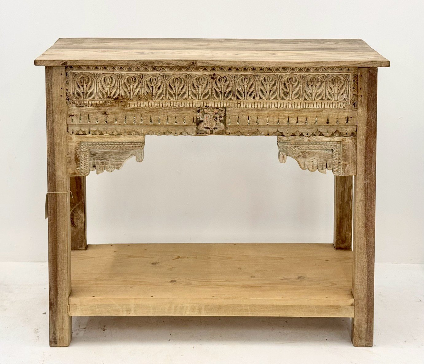 Sargam Hand Carved Console Table – Rustic Designer Console Table with Open Shelf W105 x D40 x H91 cm - RIVO HOMES