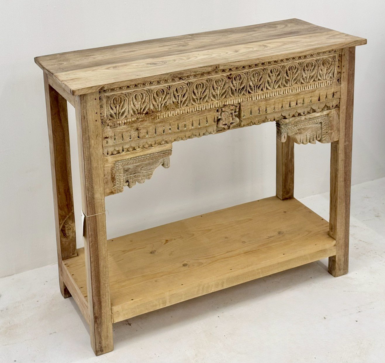 Sargam Hand Carved Console Table – Rustic Designer Console Table with Open Shelf W105 x D40 x H91 cm - RIVO HOMES